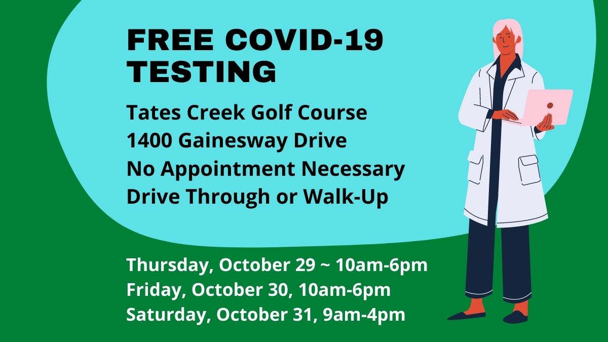 FREE COVID-19 testing starts at 10am at the Tates Creek Golf Course. We're up and running now at BCTC and Southland Christian/Richmond Road. Get tested today and keep friends, family and co-workers safe. bit.ly/3mvU2Wk