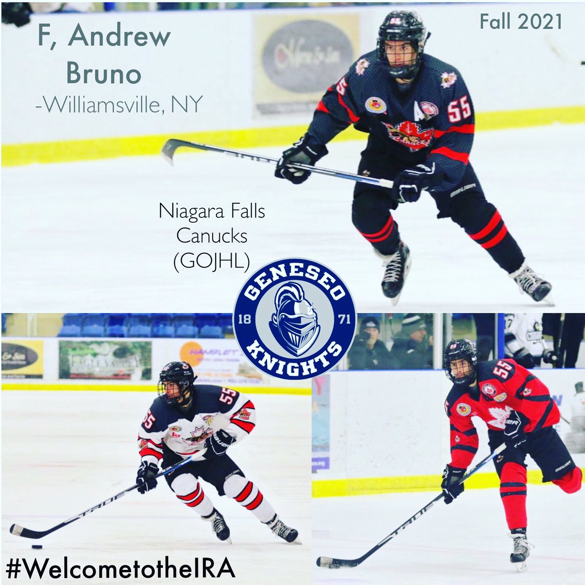 #BeAKnight Excited by the commitment of 2-time All-Star &amp; leagues top scorer, F, Andrew Bruno (Williamsville, NY) of the <a href="/NF_Canucks/">Niagara Falls Jr Canucks</a> (@GOJHL). Dynamic offensively, Andrew scored 66G-77A-143PTS in 2 seasons (98GP). #WelcometotheIRA #OneKnight #geneseo2025 #pandemicrecruiting