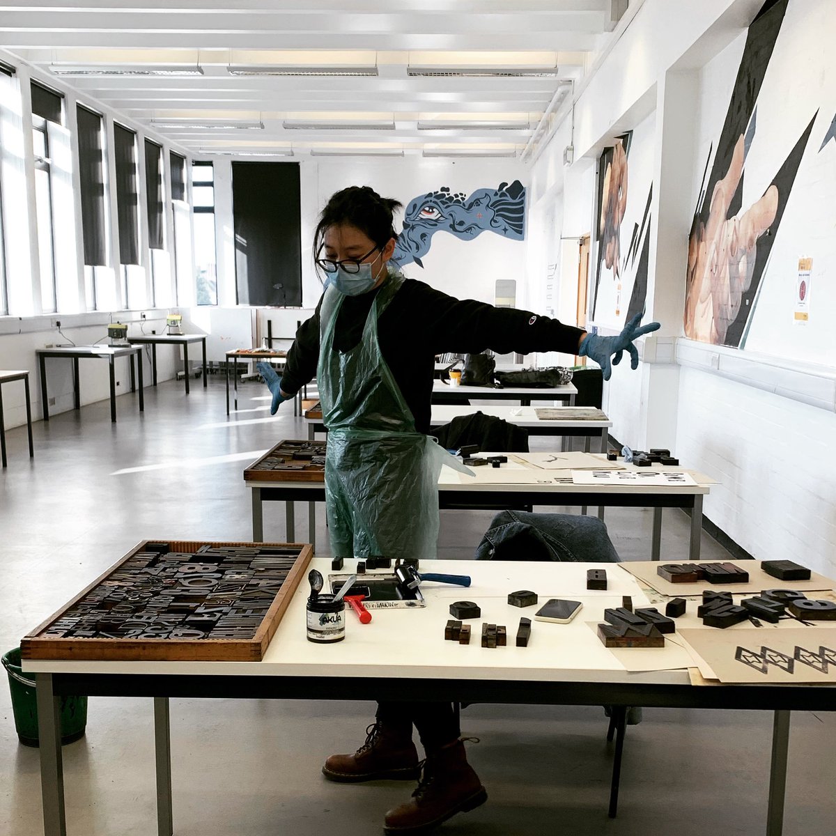 CoventryGDMA's tweet photo. Letterpress workshop for our Graphic Design Masters students.  Socially distanced printmaking in our printmaking studios #printmaking @covsketchbook @CoventryFAH https://t.co/G0V4Wx74zp