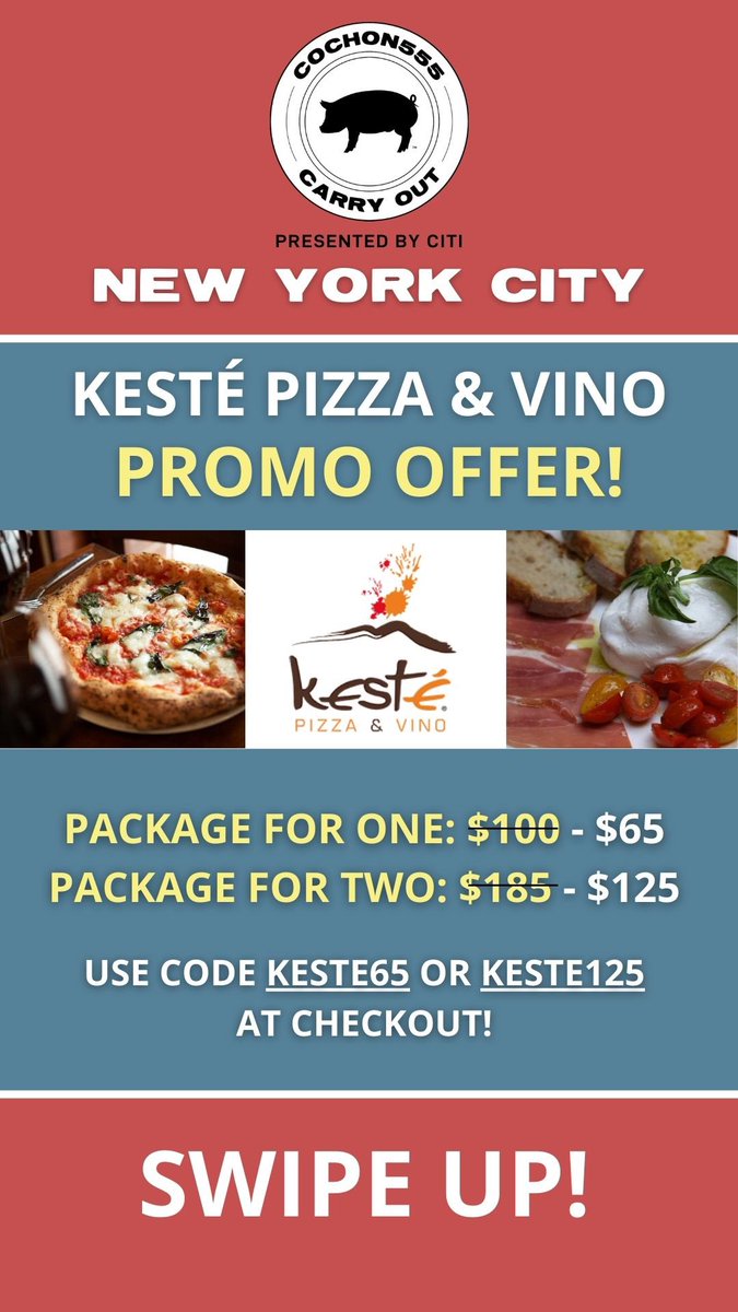 Cochon555 (@cochon555) on Twitter photo NYC Carry Out FLASH PROMO! Get this Sundayâs all-inclusive <a href="/KestePizzeria/">Keste Pizza & Vino</a> dinner for just $65/dinner for 1 or $125/dinner for 2! Tickets include 5 course meal, bottle of wine, 2+ cocktails, <a href="/lacroixwater/">LaCroix Water</a> and MORE! Use code KESTE65 or KESTE125 at checkout. bit.ly/3nQ6sKg NYC Carry Out FLASH PROMO! Get this Sundayâs all-inclusive <a href="/KestePizzeria/">Keste Pizza & Vino</a> dinner for just $65/dinner for 1 or $125/dinner for 2! Tickets include 5 course meal, bottle of wine, 2+ cocktails, <a href="/lacroixwater/">LaCroix Water</a> and MORE! Use code KESTE65 or KESTE125 at checkout. bit.ly/3nQ6sKg