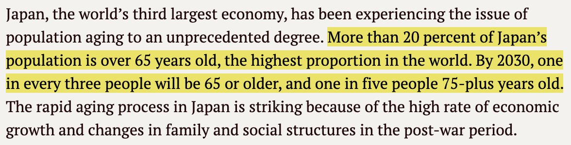 5/ That's Great, But Why Now? Japan's population is aging ... fast. To compete on the global stage Japan needs to innovate. They have to find a way to get more done with less people. As such, technology will be a HUGE part of that initiative. This = major sec. tailwinds