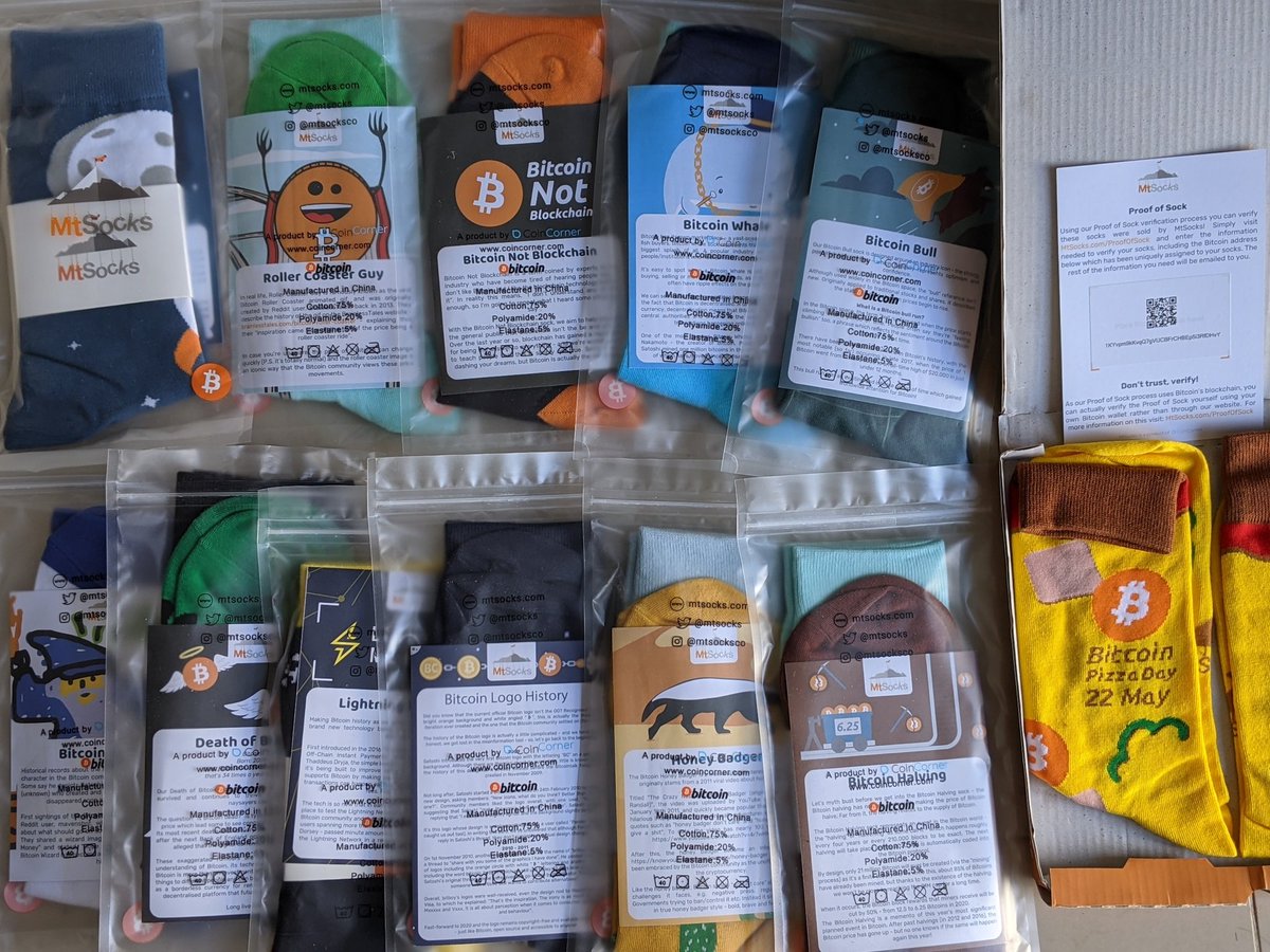 Thanks @CoinCorner and @mtsocks for the large swag collection of bitcoin  themed socks which arrived at @blockstream 🇲🇹 Malta. Including  rollercoaster 🎢 guy, bitcoin bull 🐂, magic internet money wizard 🧙‍♂️ and