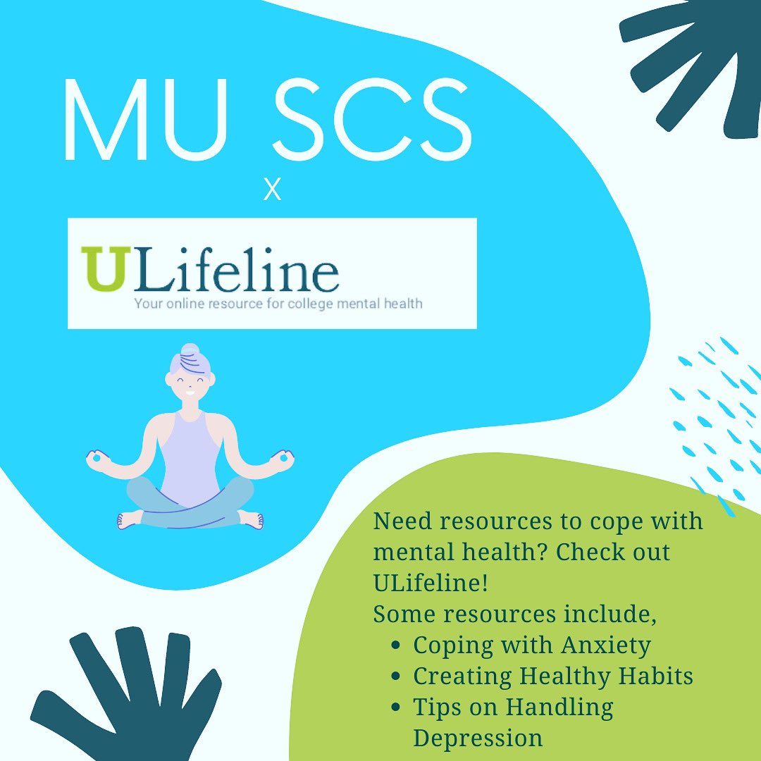 BeWellMU's tweet photo. The Student Counseling Center encourages students to check out the ULifeline resource for college mental health 💁‍♀️📱💻 #collegecounseling #collegecounselingcenter #studentcounselingservices #studentcounselingcenter #collegementalhealth #ulifeline https://t.co/D8AGNPezge