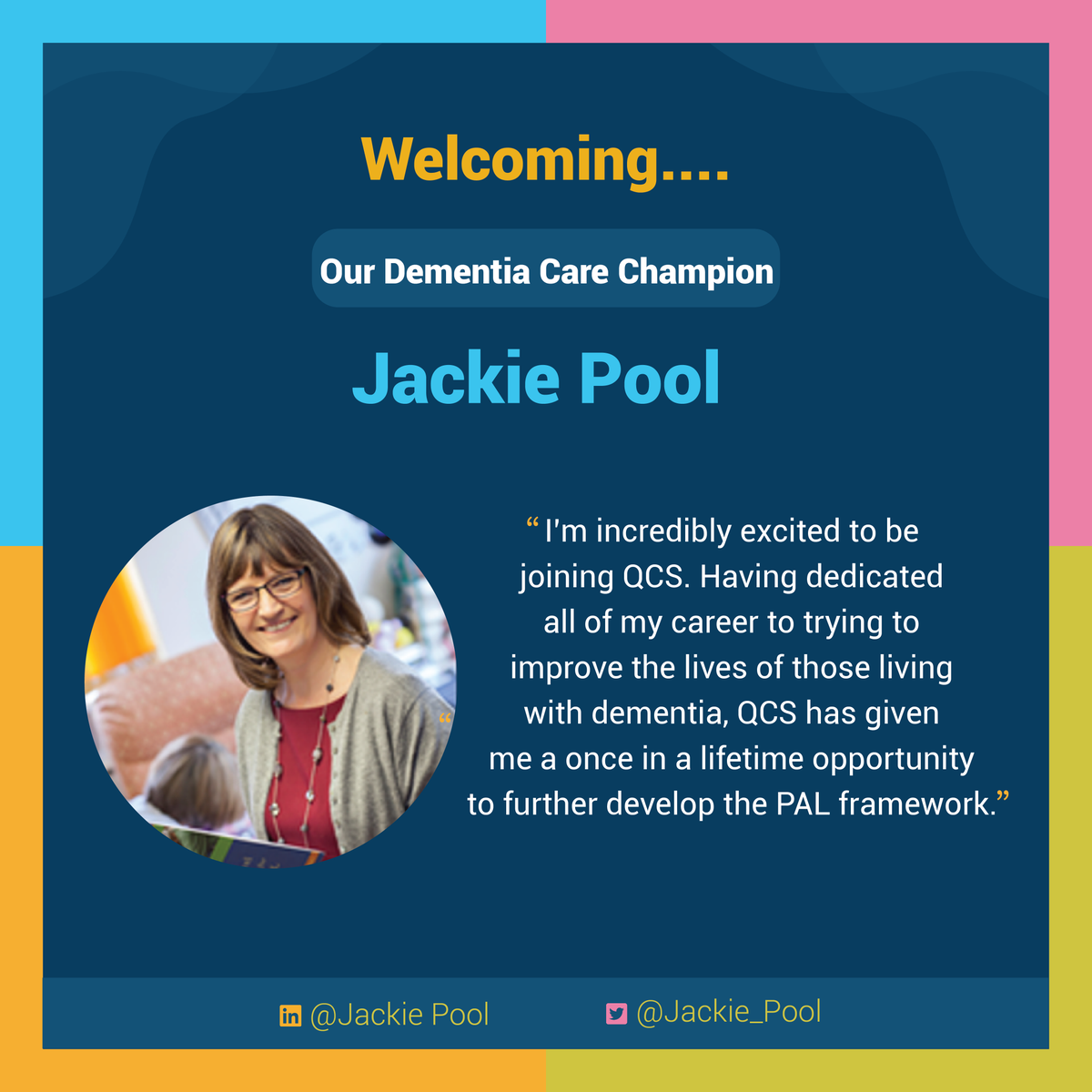 UKQCS's tweet photo. Please welcome our Dementia Care Champion, @Jackie_Pool to QCS. Together with Jackie, we're looking forward to enhancing her PAL tool, which we've acquired; &amp; making significant progress on our #dementia strategy for Health &amp; #SocialCare Providers. #dementiacare #dementiasupport https://t.co/zFjB8K8Rj3