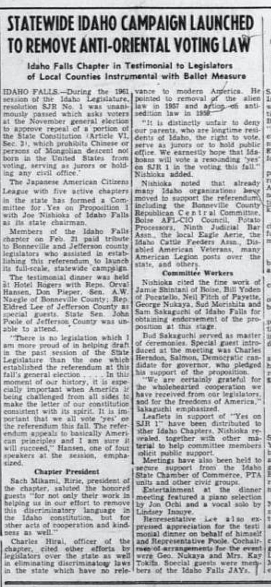 Idaho (Idaho!)had anti-Asian voting law on the books barring persons of Chinese, Japanese, or "Mongolian descent" from voting, serving as jurors, or holding any civil office -- took until 1962 to repeal, thanks to organizing efforts of AsianAms https://ballotpedia.org/Idaho_Chinese,_Japanese_and_Mongolian_Rights,_SJR_1_(1962)