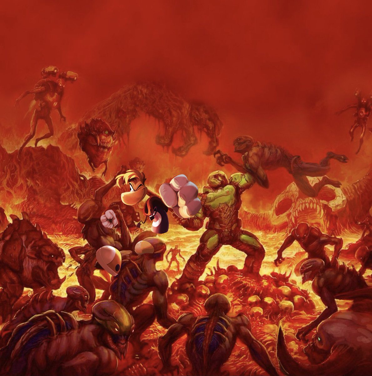 Rayman_00C's tweet photo. Against all the evil that Ubisoft can conjure, all the wickedness that Microtransactions can produce, we will send unto them only you Rayman. Kick and Punch, until it is done.
(Sorry had to do it for day 66, and my love for Doom) | #RaymanForSmash #DoomguyForSmash https://t.co/VwJwo3PcVD