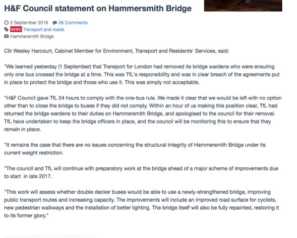 5. Claims by LBHF that they started investigations into structural integrity of bridge in 2014 don’t seem to stack up. In 2016 Cllr Harcourt, Cabinet Member for Transport etc. stated that “there were no issues concerning structural integrity at current weight limit”