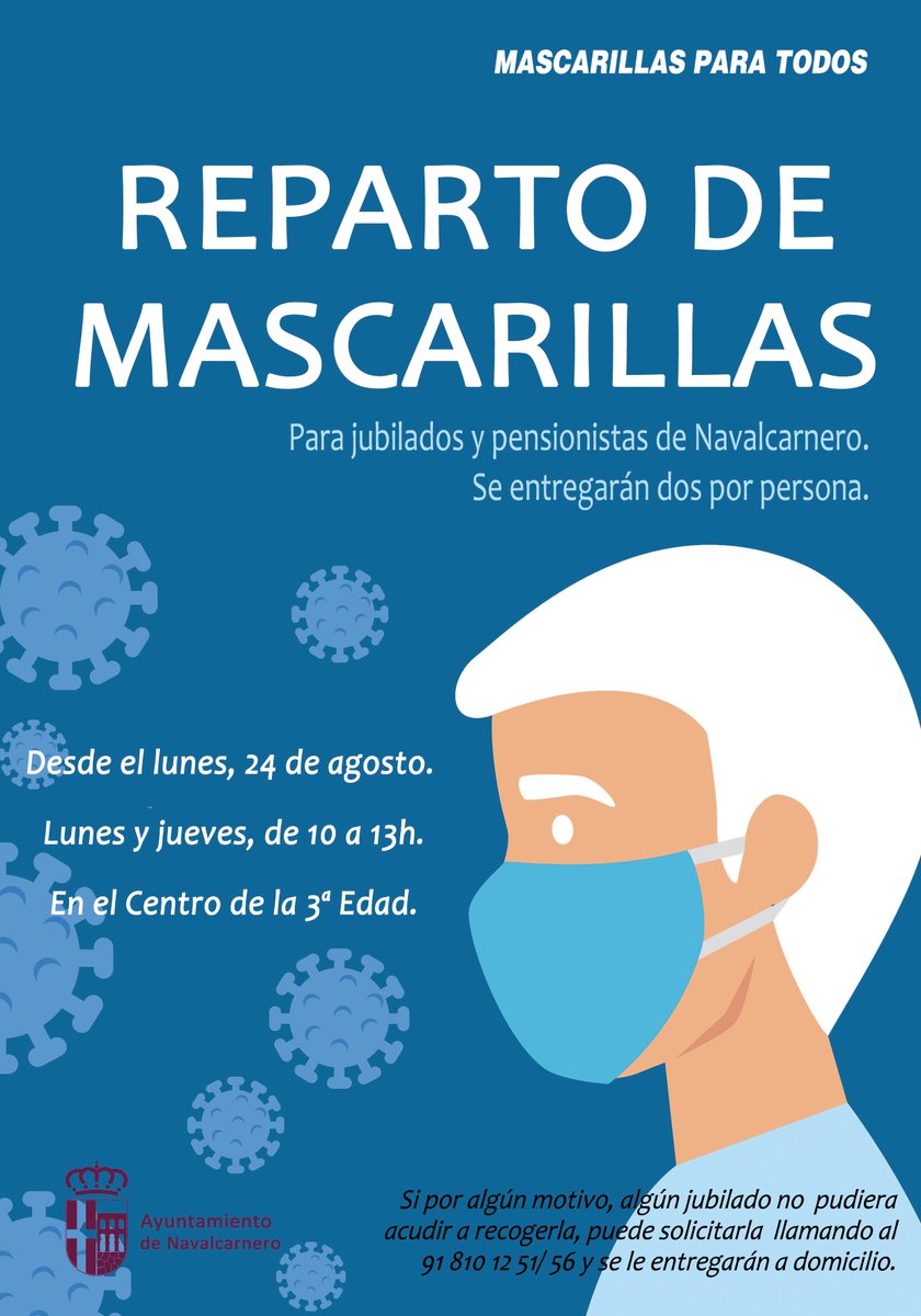 Continúa la entrega de mascarillas para pensionistas y jubilados de Navalcarnero, en el Centro de Tercera Edad. El horario de entrega es lunes y jueves, de 10.00 a 13.00 horas y se entregarán dos por persona.