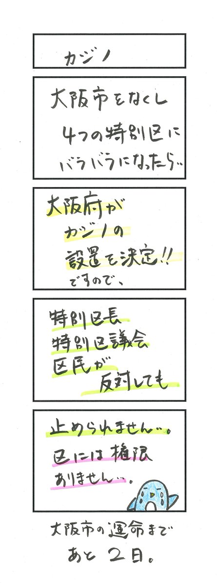 osakassyi's tweet photo. 2020年10月30日

大阪市がなくなり４つの特別区に分割されれば、

カジノ設置の決定権限は府になります。

特別区には、拒否する権限はありません。

これが特別区です。

大阪市の運命まであと2日。

#都構想 #都構想にもう一度NO #大阪市廃止にNO https://t.co/Y25xZsteg6