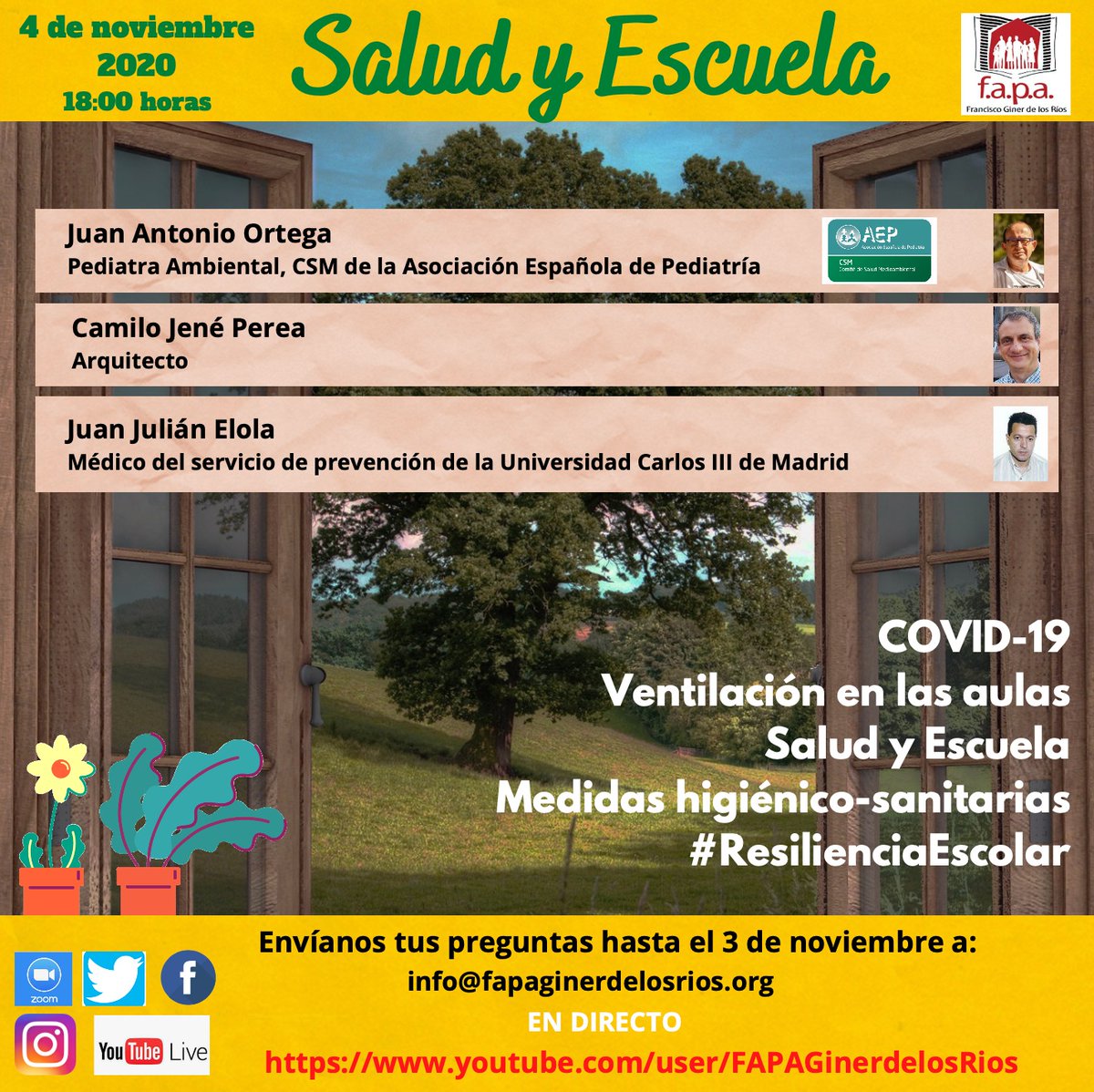 📢Miércoles 4 de noviembre
🟢Charla sobre Salud y Escuela frente a la COVID-19.
 
En directo en nuestro canal de youtube youtube.com/user/FAPAGiner…
Las preguntas las podéis enviar a info@fapaginerdelosrios.org antes del martes 3.
Podéis usar también el hashtag #ResilienciaEscolar