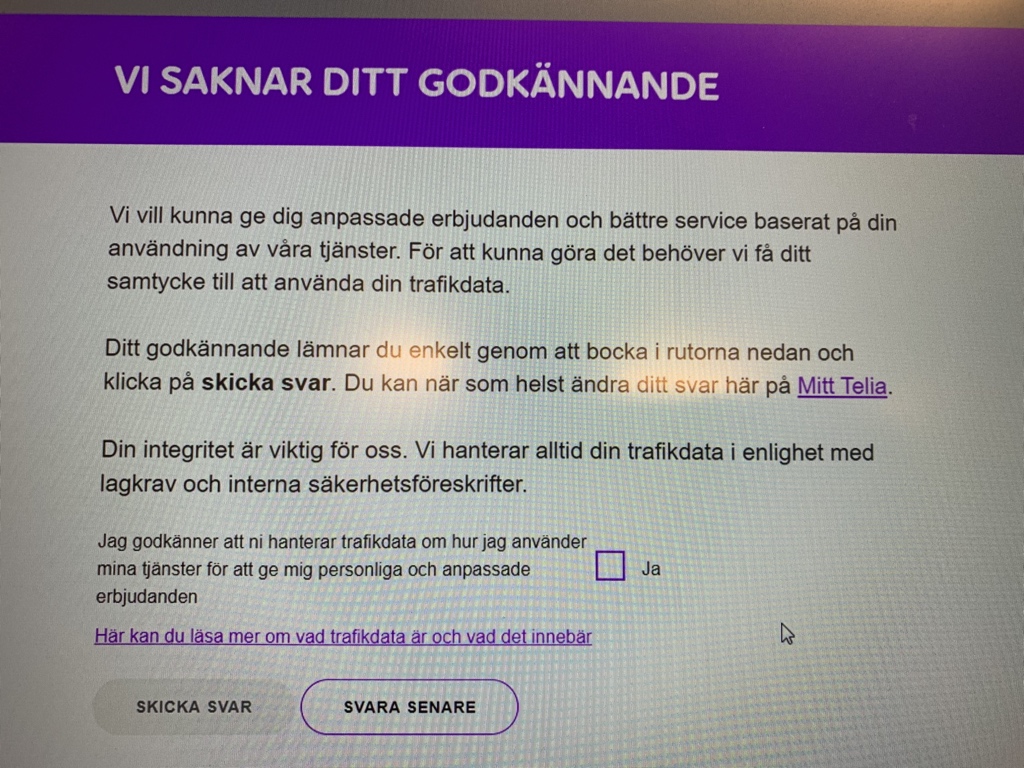 JonnyRhodos's tweet photo. Hej jag heter Telia får jag kolla din trafik för att skicka reklam?
Alternativ:
1. Ja
2. Ja om ett tag https://t.co/JtPEZJbsXs