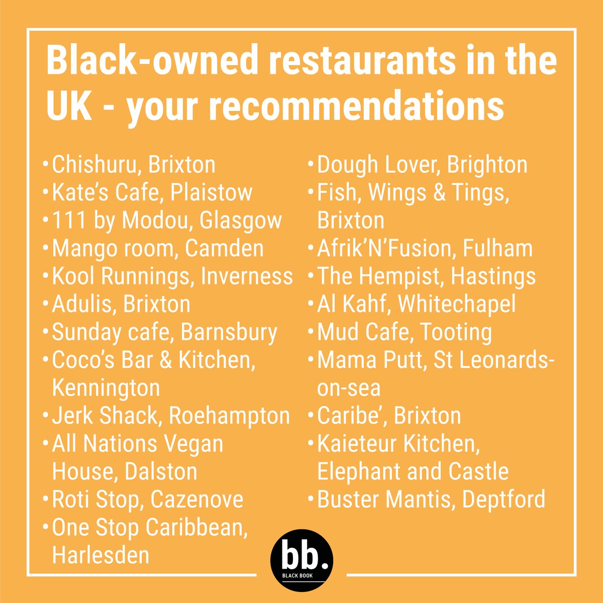Last week we shared a list with a few #blackowned #restaurants in the #UK and we asked you to leave in the comments some others so we could give them a #shoutout Thank you for sharing with us your favourite places to eat and drink. Here’s an updated list with all your suggestions
