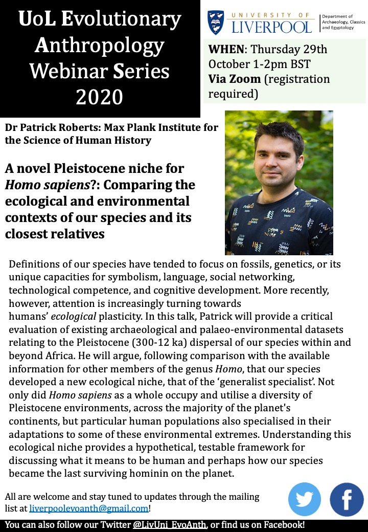 UoL EvoAnth Seminar Series (@livuni_evoanth) on Twitter photo There's still time to register for our webinar today at 1pm UK time with Dr Patrick Roberts <a href="/palaeotropics/">Patrick Roberts</a> of the Max Planck Institute for the Science of Human History @MPI_SHH!
Registration link:
liverpool-ac-uk.zoom.us/meeting/regist… There's still time to register for our webinar today at 1pm UK time with Dr Patrick Roberts <a href="/palaeotropics/">Patrick Roberts</a> of the Max Planck Institute for the Science of Human History @MPI_SHH!
Registration link:
liverpool-ac-uk.zoom.us/meeting/regist…