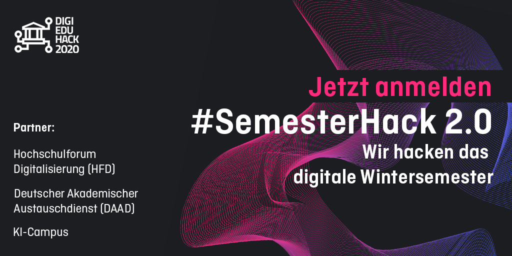 LehrstuhlEMV's tweet image. Jetzt anmelden zum #SemesterHack 2.0 am​ 12. und 13. November 2020
- gemeinsam mit dem globalen Ideen-Hackathon
#DigiEduHack
- organisiert vom @HSFDigital, @KICampus und
dem @DAAD_Germany
- zwei Tage Austausch zwischen Studierenden, Lehrenden, Didaktik und Third Space