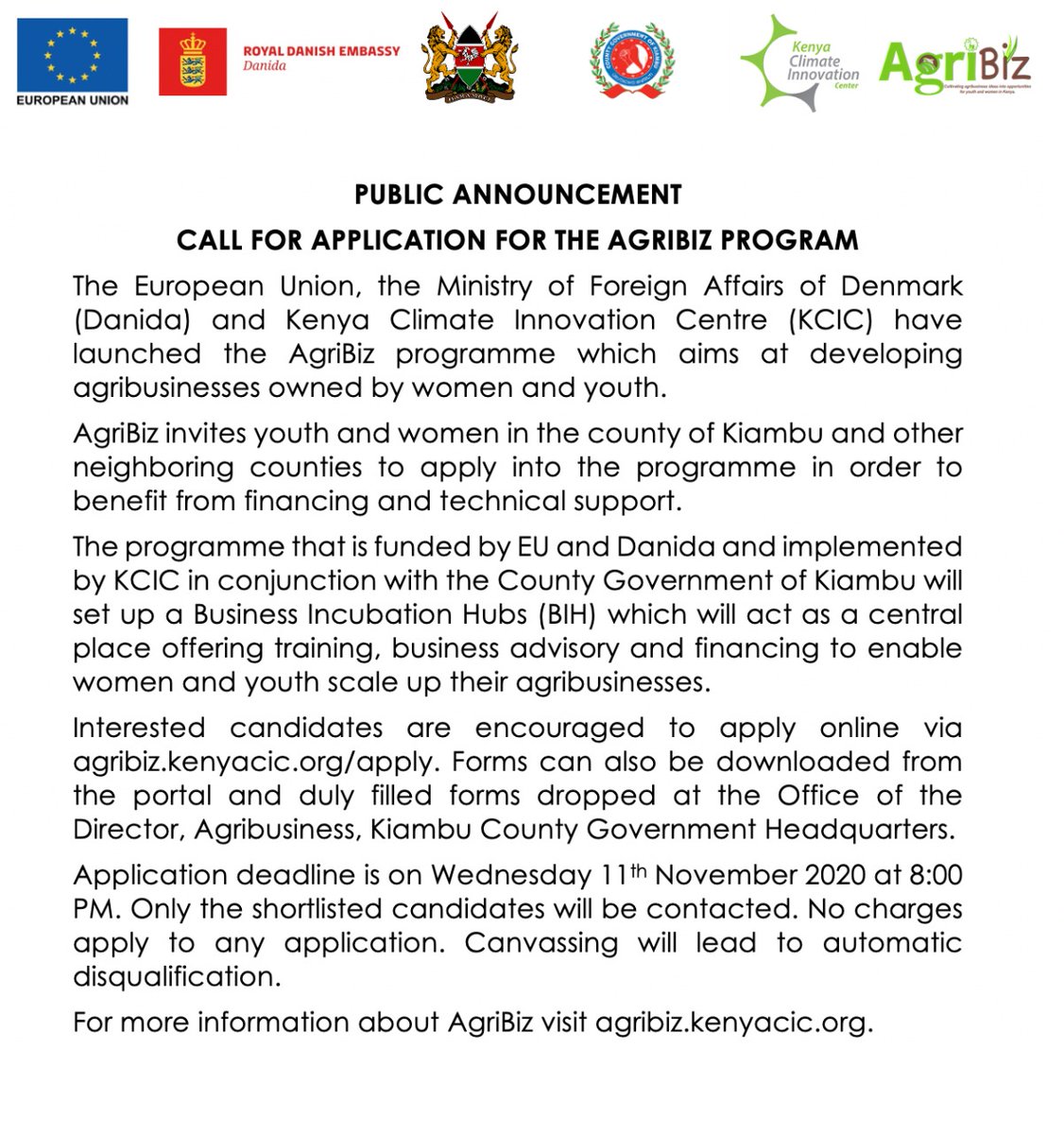 KenyaCIC's tweet photo. NOW OPEN: KIAMBU CALL FOR APPLICATIONS.

Women and youth from Kiambu and the surrounding counties are encouraged to apply into the AgriBiz programme. Applications can be submitted online via https://t.co/qOTinL3ae9. 

#AgriBizKiambu @KiambuCountyGov @EUinKenya @denmarkinkenya https://t.co/ggiiDVLSxj