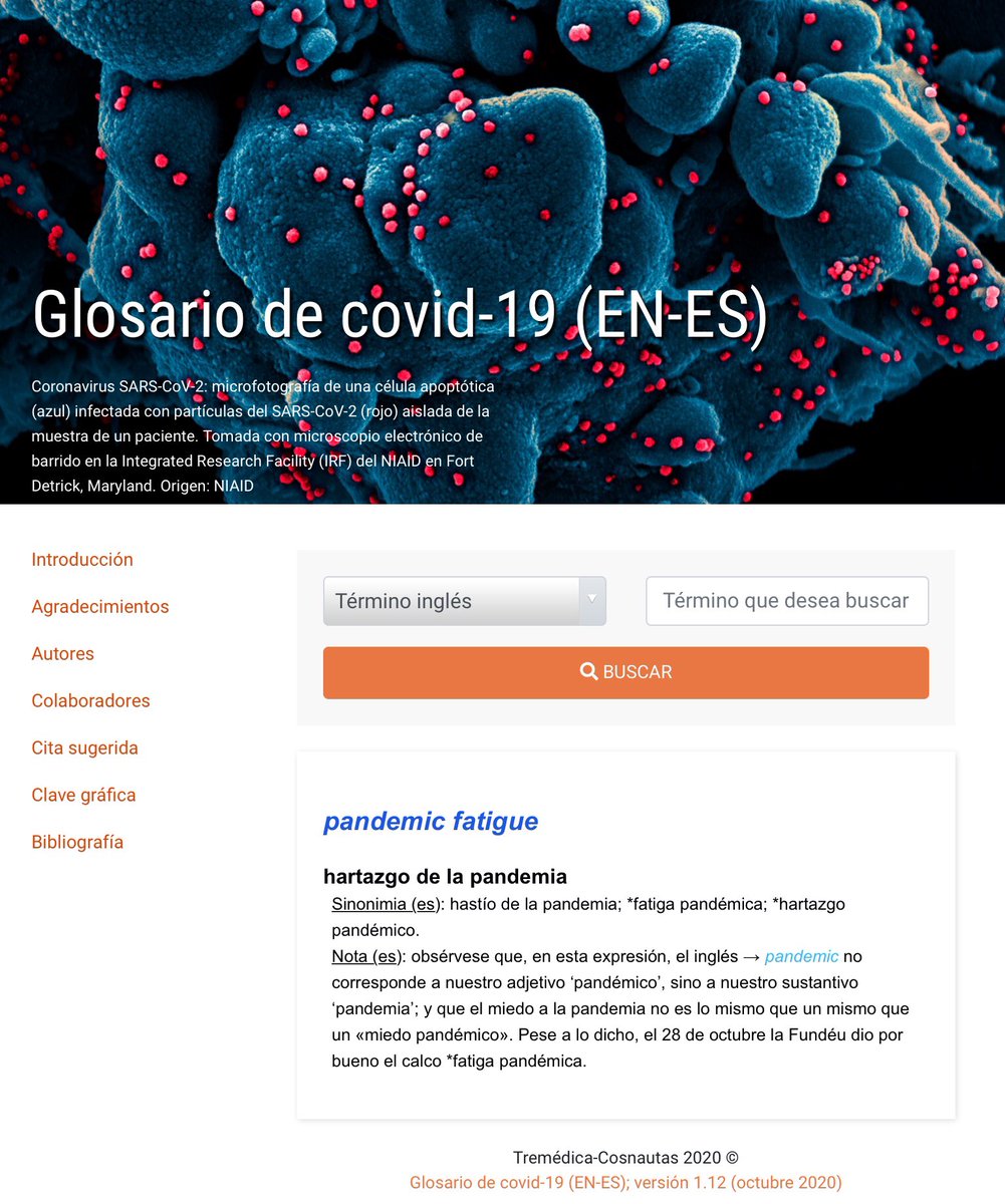 navarrotradmed's tweet photo. ‘Glosario de covid-19’ EN>ES🦠
😃Versión 1.12 (29 oct 2020): antigen rapid test, anti-vaxxer, challenge trial, coronial, doffing, encapsidation, lockdown de-escalation, neuropilin-1, PCR test, second wave, syndemic, vaccinee…
¡4959 términos!
➡️https://t.co/11Ftz1FTAz https://t.co/qkKaZr1GAL