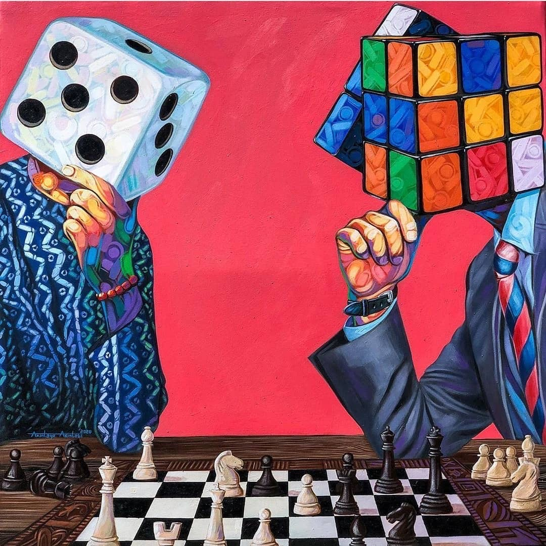 LoveBlackLove_'s tweet photo. Love Black Art 🎨
🖌️ by @akintayoakintobi 
Title: Mind games

#art #artist #africanart #acryliconcanvas #blackart #blackartist #batik #colourful #contemporaryart #chess #dice #rubikscube #painting #surealism https://t.co/JbgUBJ2R6P