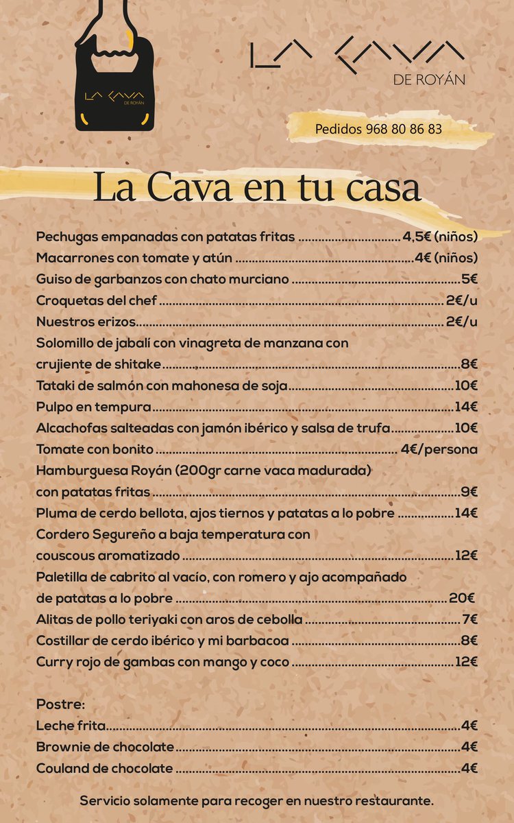¡Disfruta en casa como en La Cava con nuestra carta de comida para llevar! En ella encontrarás algunos de nuestros mejores platos. ¡Encarga, recoge y disfruta!