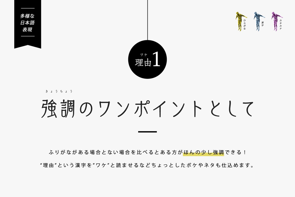 デザイン研究所 デザ研 ふりがなも簡単にできる強調のデザインでした 今日のお昼にツイートした強調一覧の中では点を加える 強調のデザインと似ていますね 同じ理由でふりがなではなく 日本語の上や下に英語を小さく配置するのも強調できますね