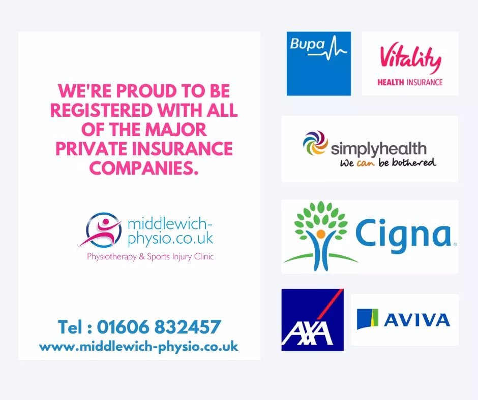 middlewichphys's tweet photo. We're proud to be registered with the main insurance companies, giving you peace of mind.
Tel 01606 832457.
https://t.co/WLCn6UHFpz #bupa #AXA #Vitality #simplyhealth #cigna #aviva #physio #injuries #sportsinjuries #gyminjuries #physiomiddlewich #physiocheshire #cheshirephysio https://t.co/8z3euhbw88