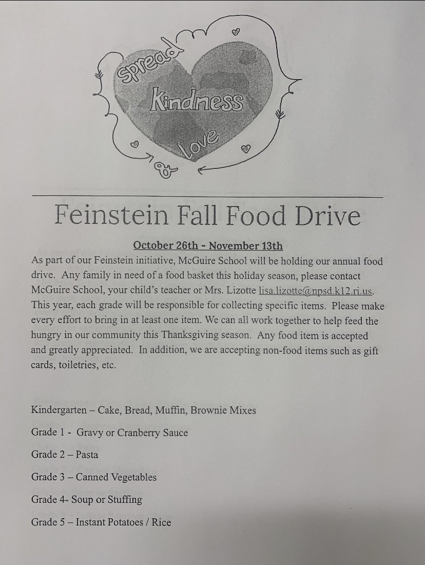 Annual Feinstein Fall Food Drive <a href="/McGuireEsRI/">McGuireEsRI</a> #gooddeedsmatter #everylittlebithelps #mcguiremariners