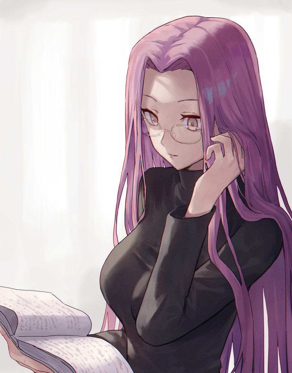 medusa (fate) ,medusa (rider) (fate) 1girl long hair glasses solo purple hair book breasts  illustration images