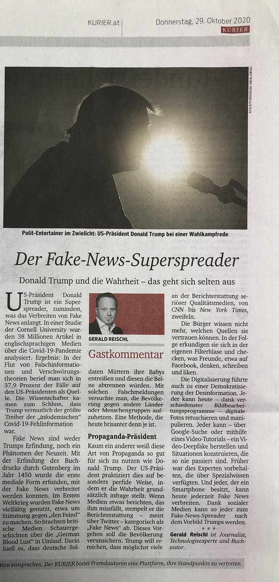 Mein Gastkommentar über den „Fake-News-Superspreader“ (aus meinem Buch „Internet of Crimes“) im heutigen KURIER #Trump2020 #USElection2020