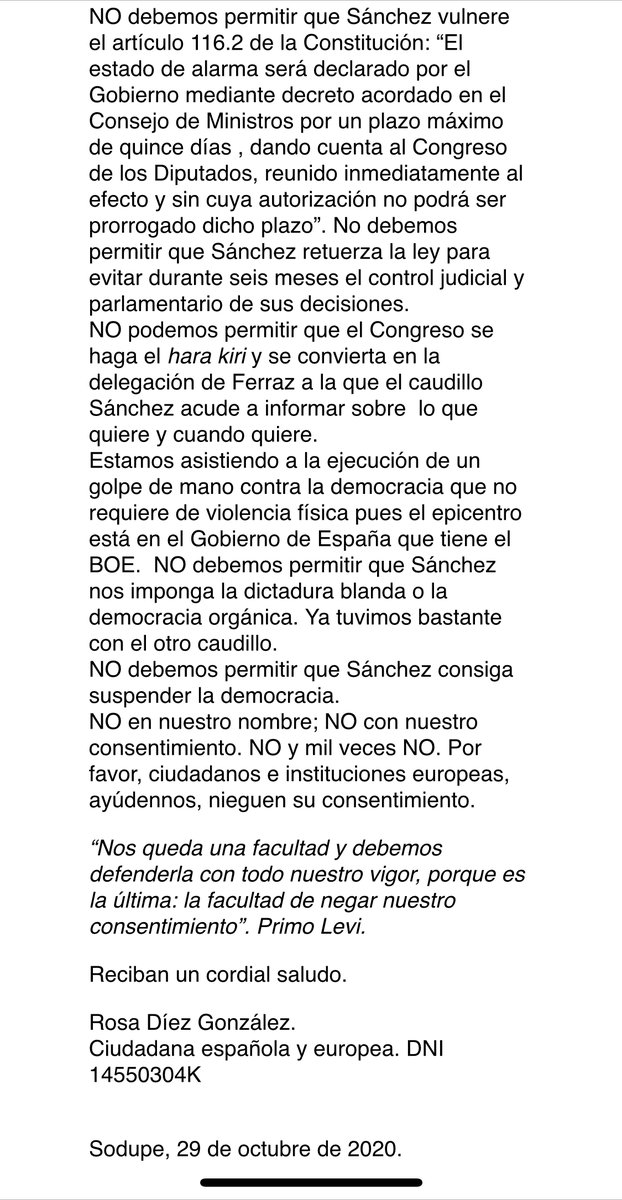 Acabo de denunciar ante las instituciones europeas  el golpe perpetrado por Pedro Sánchez . Los ciudadanos no podemos dejar la defensa de la democracia en manos solo de los políticos. Ahí va el texto, por si se animan. #OrganizandoLaResistencia