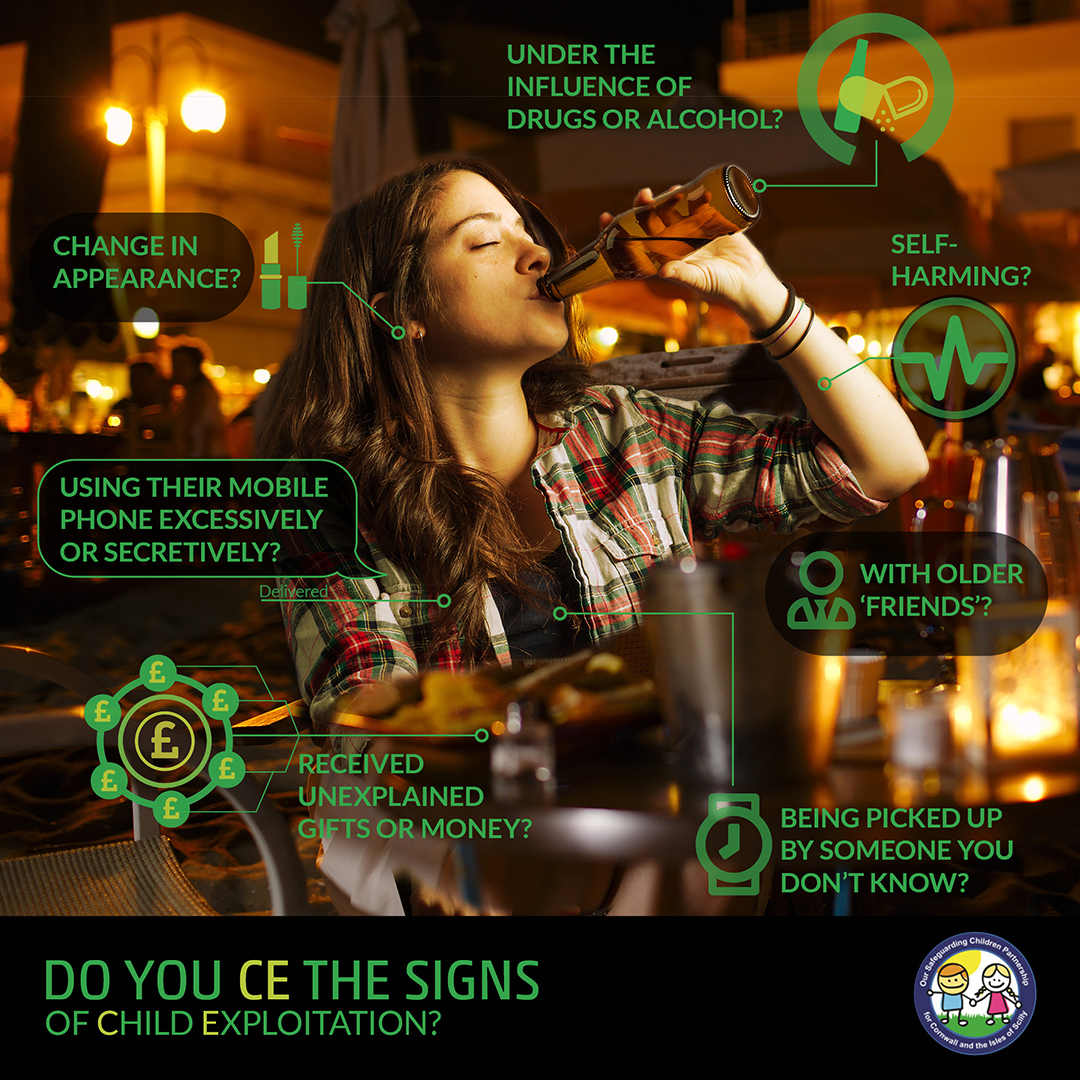 CornwallCollege's tweet photo. Exploited children &amp; young people have often been ‘groomed’ to see themselves as willing participants in a situation &amp; don’t realise that what’s happening to them is illegal. If we all learn to #CEtheSigns of child exploitation, we can try to protect them https://t.co/m0KGZO8Llf https://t.co/SlcH1zOA15