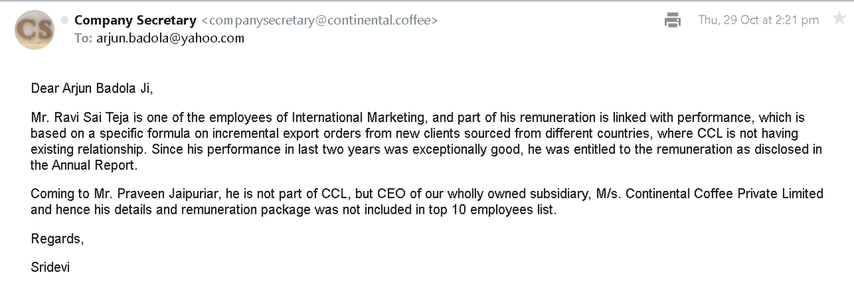 I had written to CCL Products about one their employee getting paid exceptionally which seemed odd. Received the reply today and the explanation seems satisfactory.