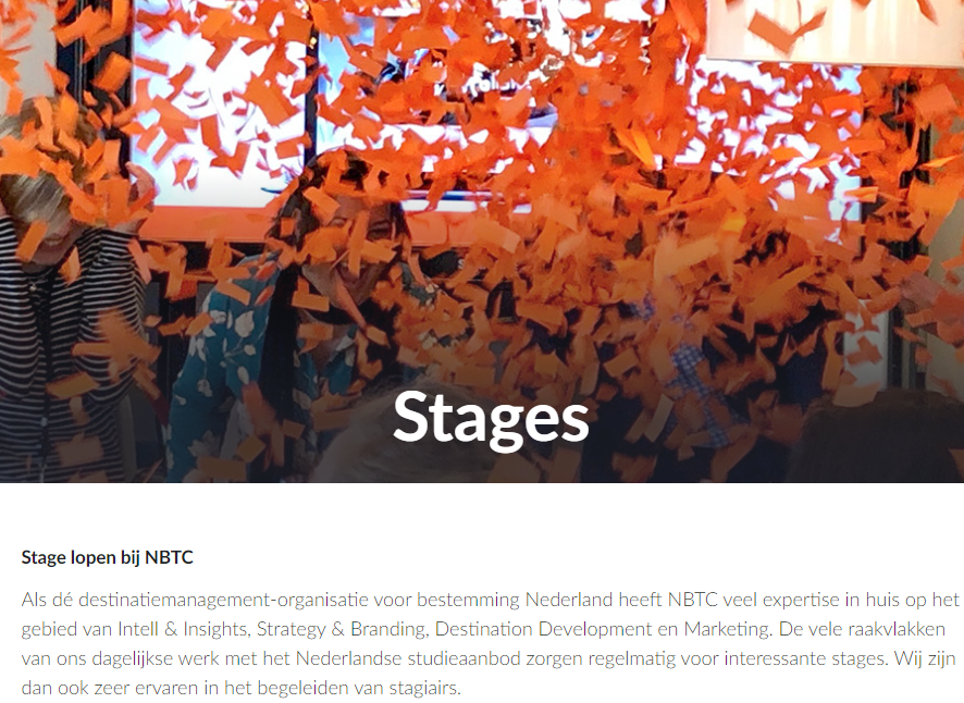 Per #februari 2021 zijn wij op zoek naar enthousiaste, energieke &amp; leergierige #stagiaires. Ben jij een fan van hét merk #Nederland, sociaal, gemotiveerd en creatief en op zoek naar een #stage? Bekijk de verschillende #vacatures en reageer snel. Tot gauw! bit.ly/2GcbhMU