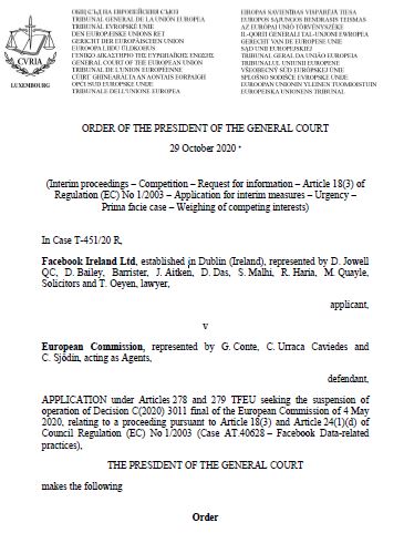 EUCourtPress's tweet photo. #EUGeneralCourt: Order for Interim Measures in @Facebook challenge of @EU_Commission Data Access decision (T-451/20 R, T-452/20 R) – Court orders controlled access to documents containing sensitive personal data https://t.co/3zZgp3Roob