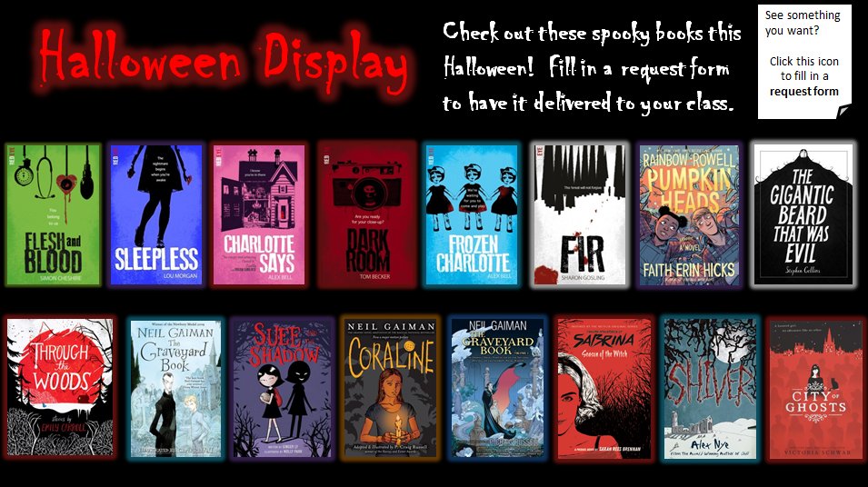 JPaulLibrary's tweet image. For this weeks #BookList enjoy some spooky reads from our Halloween #VirtualDisplay!  Check it out on the JPA Library Team page, to read about the books and fill in a request form.  Perfect #Halloween reads available here! #GlasgowSchoolLibraries #SpookyBooks