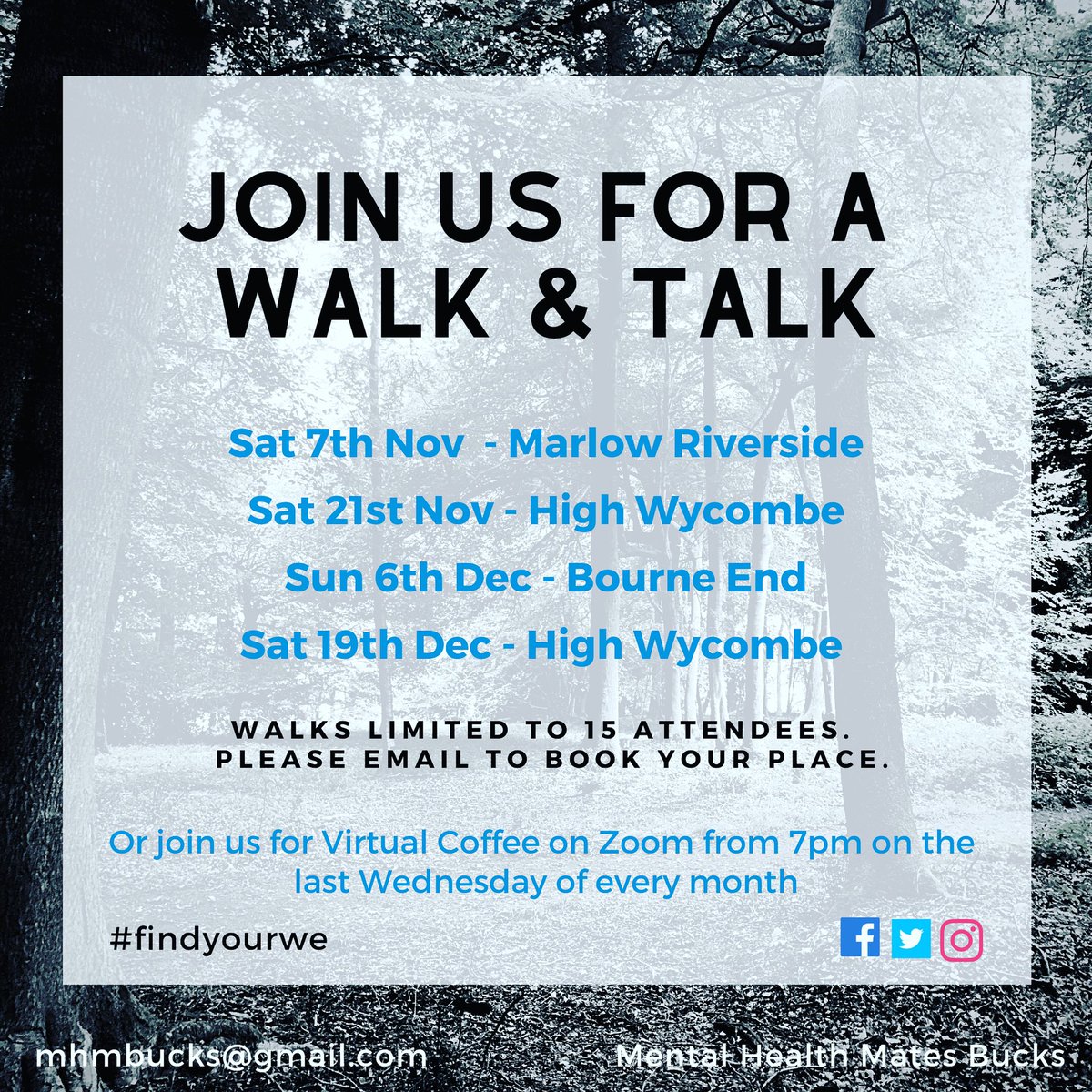 New walk dates announced for Nov &amp; Dec. Find your we with us!
@BucksNewUni @Bucksuninurses @BNUPsychology @BucksMAPP 

 #peersupport #bucks #mentalhealthmates #walkandtalk #findyourwe #mentalhealthawareness