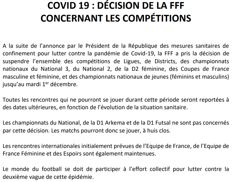 lmedfoot's tweet photo. [COVID-19] ⚠️Suite au confinement pour lutter contre la pandémie, la @FFF a pris la décision de suspendre jusqu'au 01/12 les compétitions de Ligues, de Districts, et la plupart des compétitions nationales.
✅Communiqué : https://t.co/ySBy33DeW5 
#lmedfoot #Districts #championnat https://t.co/vQaZyoyZUf