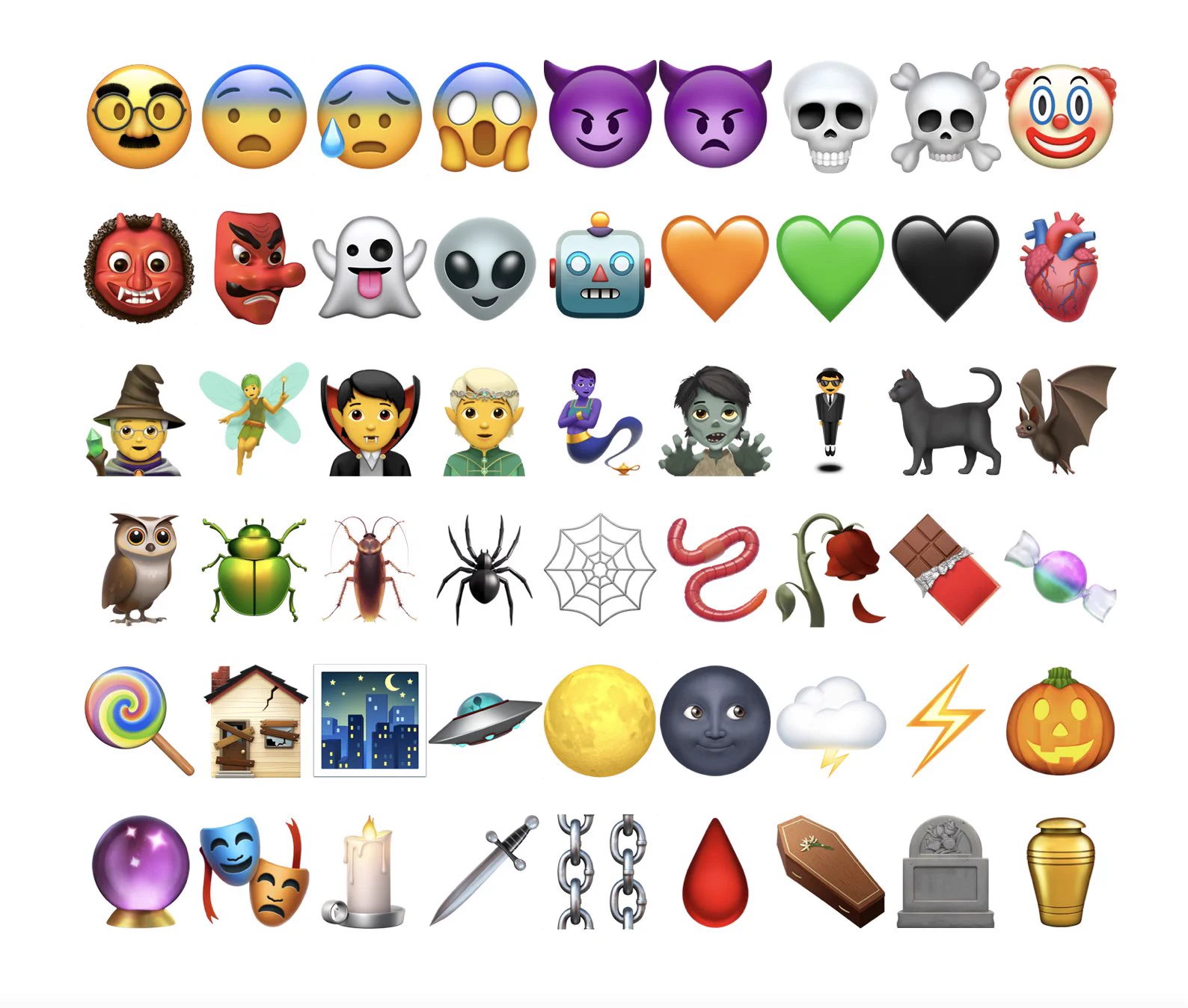 A picture showing halloween emojis as they appear on iOS. The same emojis as listed in the tweet.