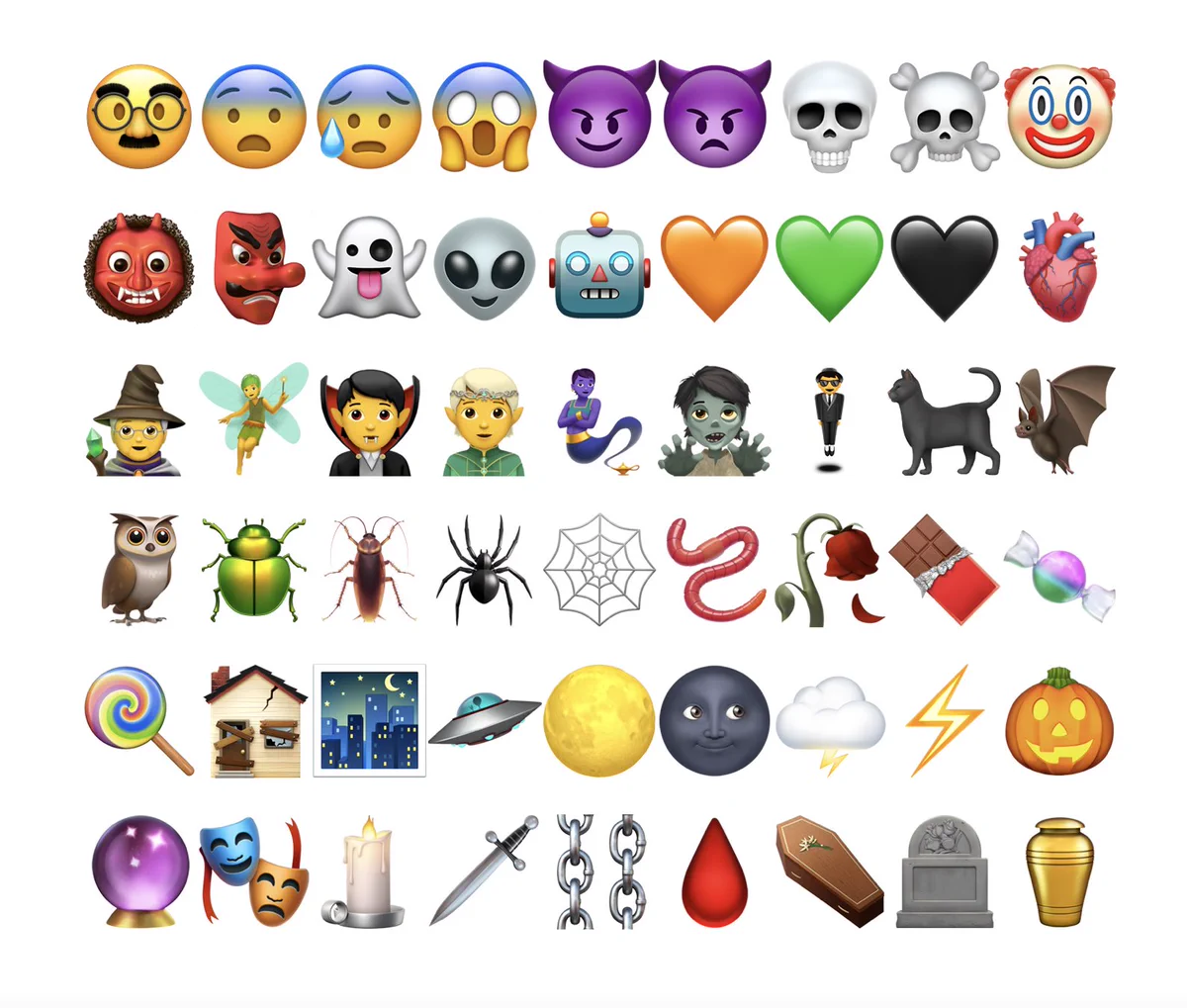A picture showing halloween emojis as they appear on iOS. The same emojis as listed in the tweet.