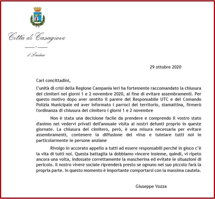 VozzaSindaco's tweet photo. Chiusura cimitero 1 e 2 novembre. Lettera ai cittadini della #CittàdiCasagiove del sindaco Vozza. https://t.co/NStJm4KIcN