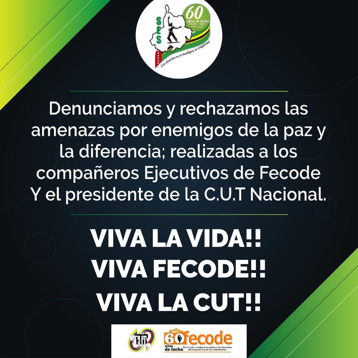 IntersindicalV's tweet photo. Tot el nostre suport a la @fecode i a la @cutcolombia davant les amenaces que han rebut companyes i companys de les seues executives #SoyFecode #VivaFecode #VivaLaCUT https://t.co/m9qkFwsiYb