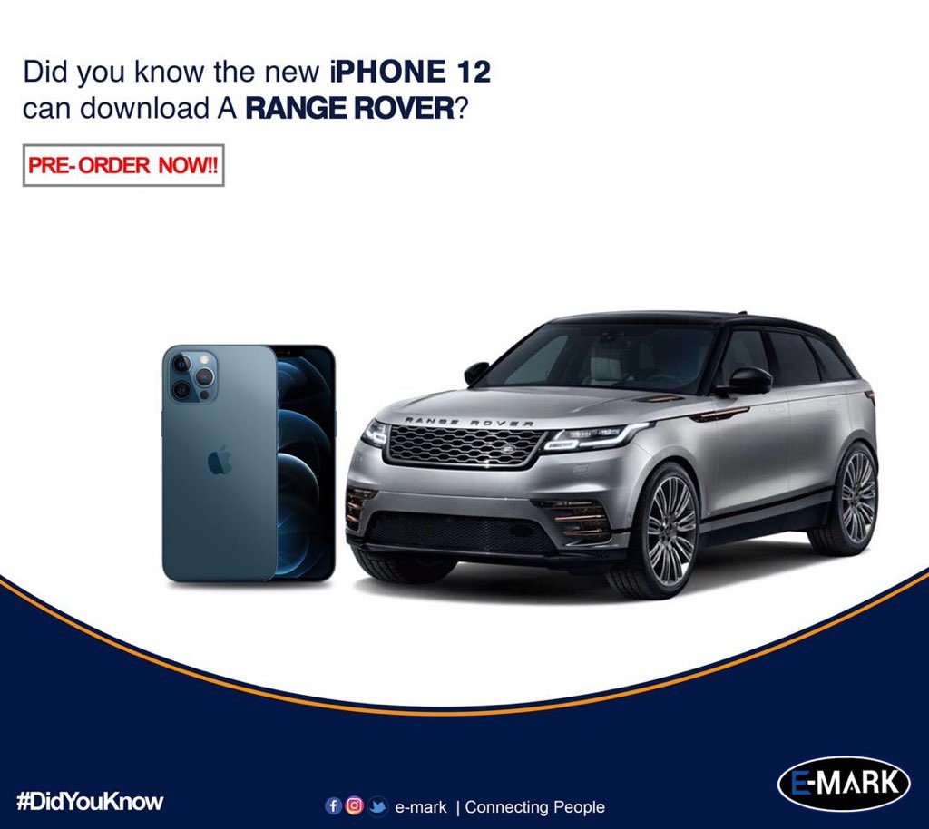 emarkzm's tweet photo. Did you know the New Iphone 12 can Download A Range Rover and have it delivered to your house? 
#PreOrderYoursNow #Iphone12
#ShopE-Mark https://t.co/EP6k5JAADT