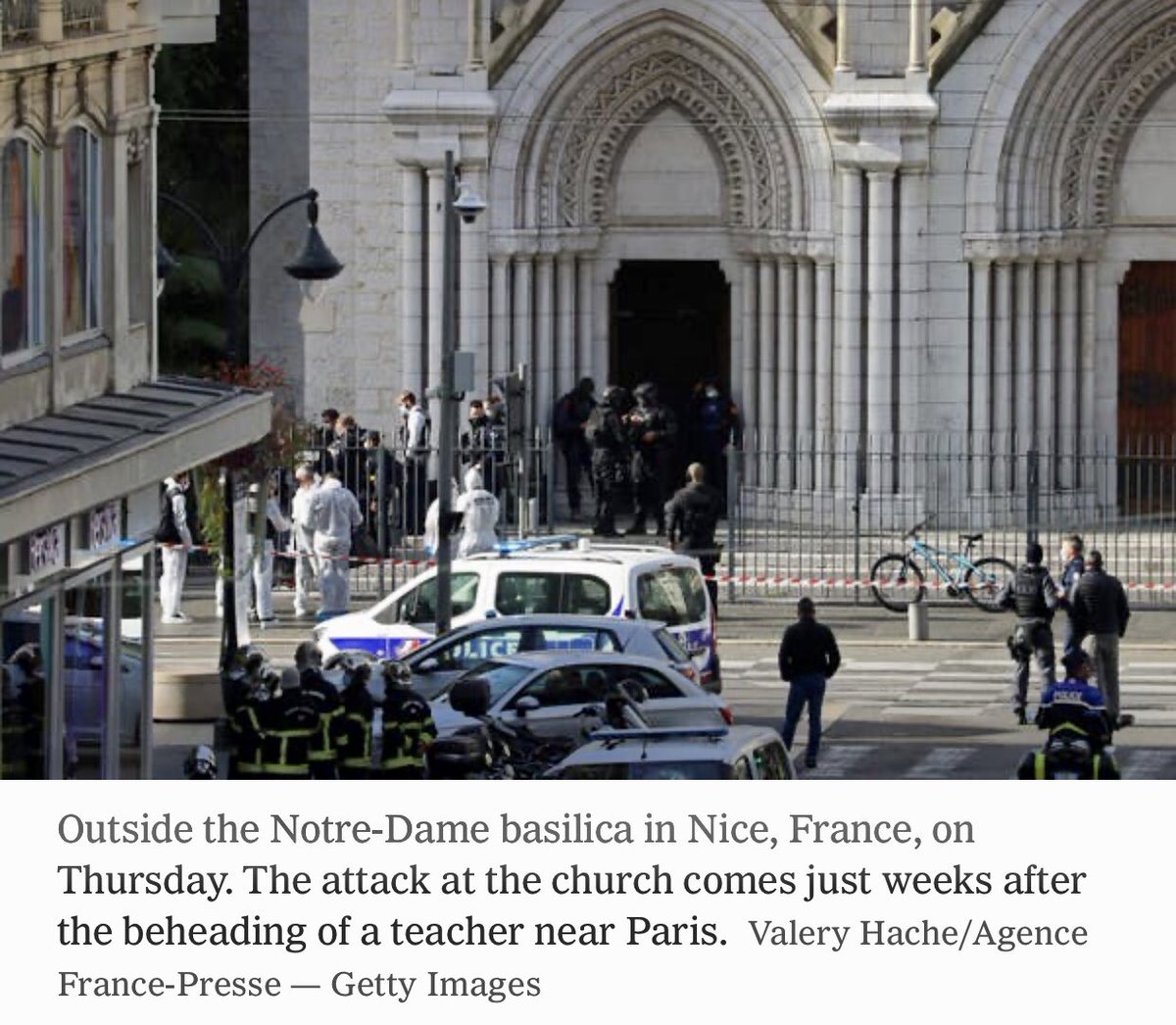 CryptoLoren's tweet photo. Decapitation Terrorism ~ Breaking: 30 Oct 2020, a knifeman shouting “Allahu Akbar” killed three people, beheading 2, and stabbed several others in an attack inside a church in Nice, France, on the Côte d’Azur. Follows beheading of a teacher in Paris, 16 Oct 2020. #CopycatEffect https://t.co/y3fYgORLql