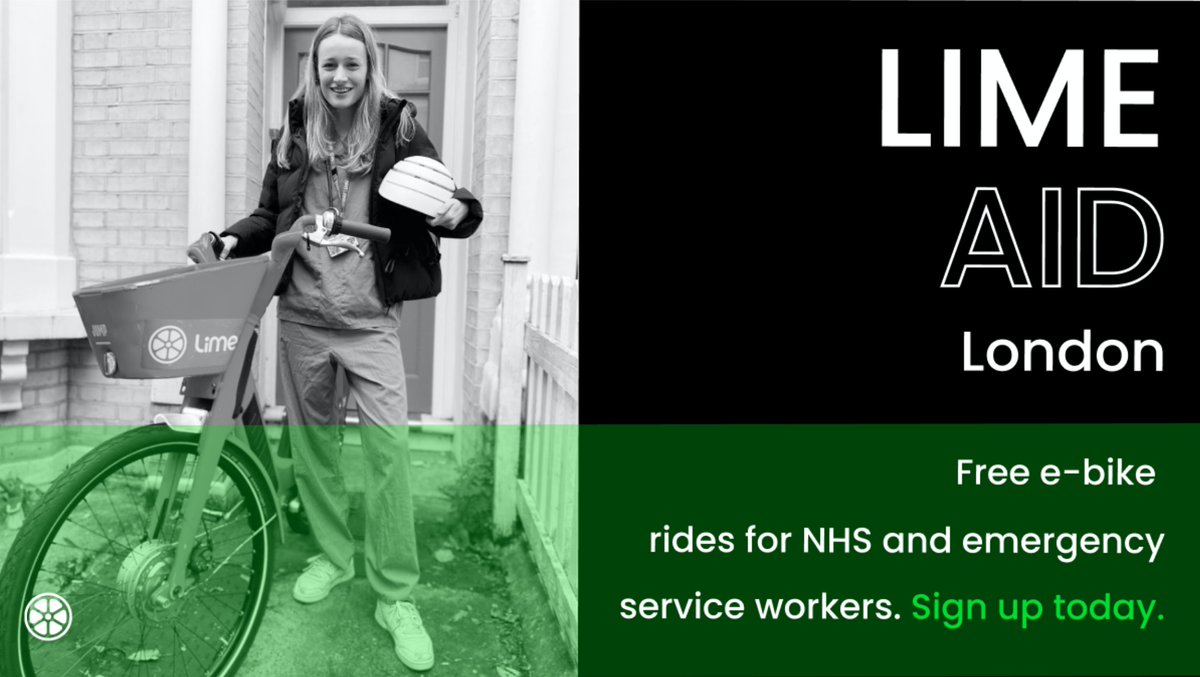 limebike's tweet photo. We're proud to launch #LimeAid and #LimeAccess schemes across London, Milton Keynes and Salford supporting key workers and lower-income users with free and significantly discounted e-bike and e-scooter rides. Sign up today! https://t.co/P8a6Jh5VFj