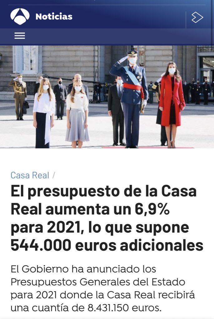 Salta la corrupción de la monarquía, Felipe VI intenta lavar su imagen retirando los 194.232 euros de Juan Carlos I y el Gobierno le aplaude. Ayer conocimos que el Gobierno aumentará 6,9% (544.000 euros) la asignación anual destinada a la Casa Real.

SE RÍEN EN TU PUÑETERA CARA👇