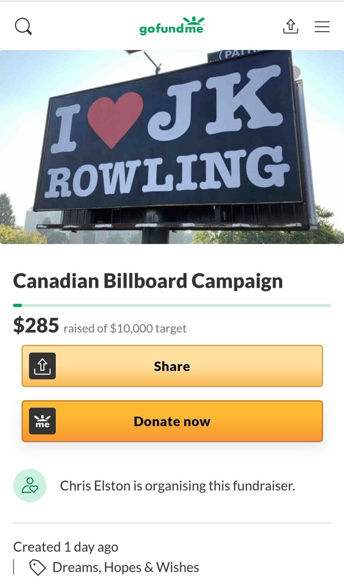 - Nevermind, with his freshly-minted martyr status, he starts a new "I love JK Rowling" billboard fundraiser to raise 10k to put up another billboard (maybe for 2 days this time?)- This does not go well... 4/