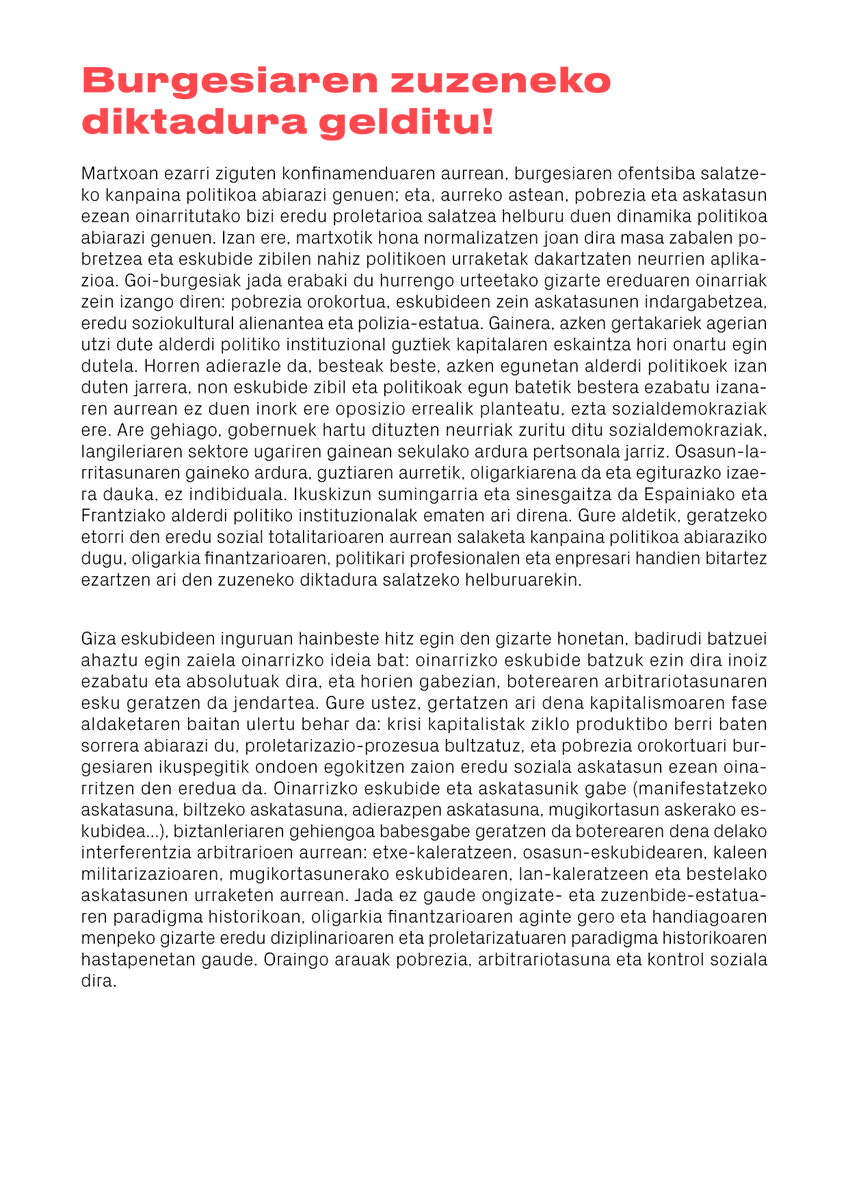 GazteKS_'s tweet photo. 🔴Oligarkia finatzarioak, politikari profesionalek eta enpresari handiek ezarritako salbuespen egoeraren aurkako #SalaketaKanpaina abiatu dugu.

Gero eta handiagoa den proletariotzaren antolakuntza komunistaren aldeko hautua egiten dugu.

➡️Mobilizazioen berri ematen joango gara. https://t.co/dO48YBfPZP