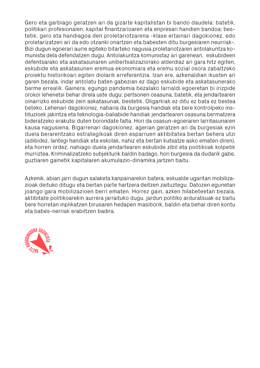 GazteKS_'s tweet photo. 🔴Oligarkia finatzarioak, politikari profesionalek eta enpresari handiek ezarritako salbuespen egoeraren aurkako #SalaketaKanpaina abiatu dugu.

Gero eta handiagoa den proletariotzaren antolakuntza komunistaren aldeko hautua egiten dugu.

➡️Mobilizazioen berri ematen joango gara. https://t.co/dO48YBfPZP