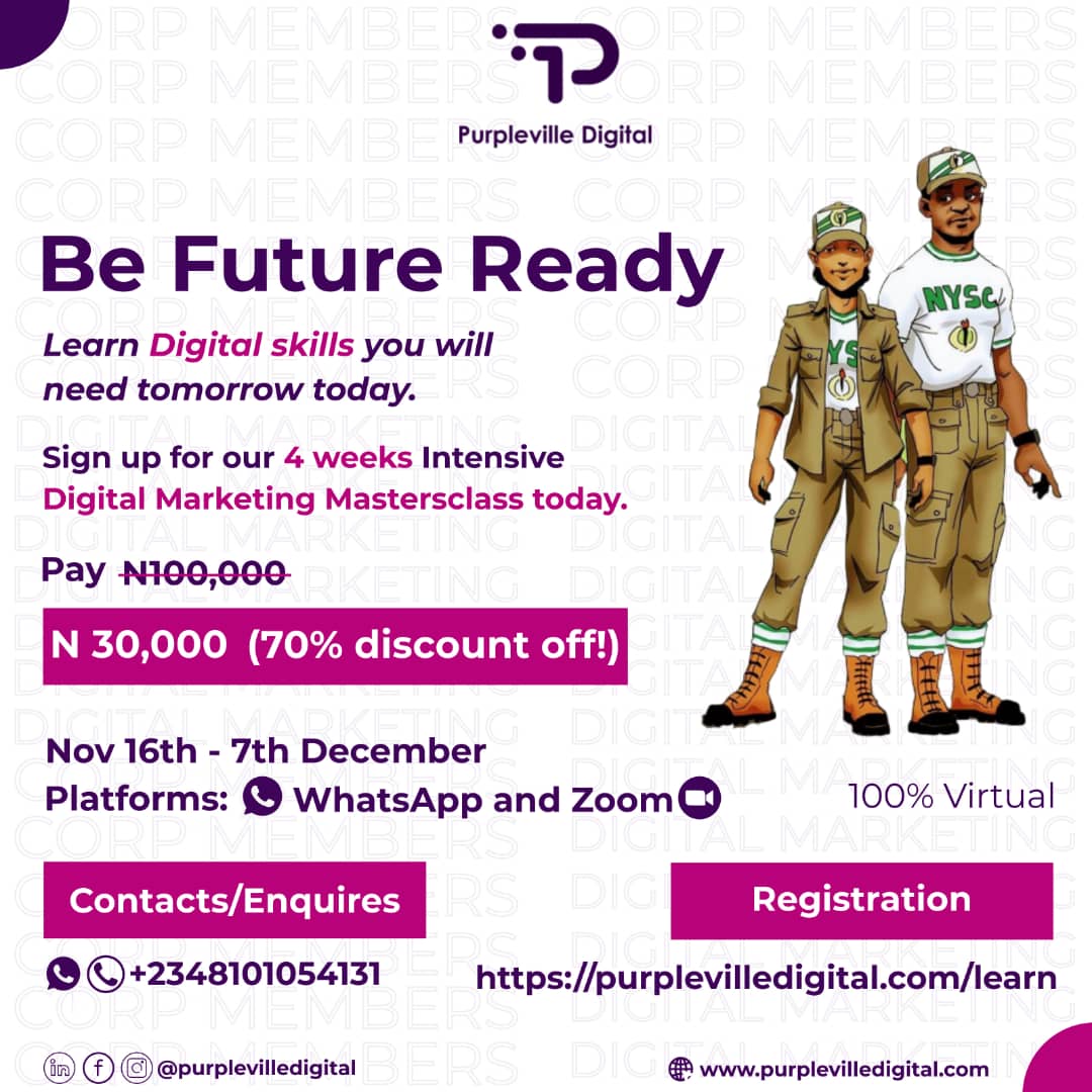 purplevilledigi's tweet photo. Purpleville Digital offers 70% discount off on all our trainings for  NYSC Corp members/ recent graduates in a way to position yourself for the future which is now.

Register Now &amp; secure your spot 
https://t.co/vjp32XelUI
#NYSC #DigitalMarketing #FutureofWork #PurplevilleDigital https://t.co/8uxlCrneVx