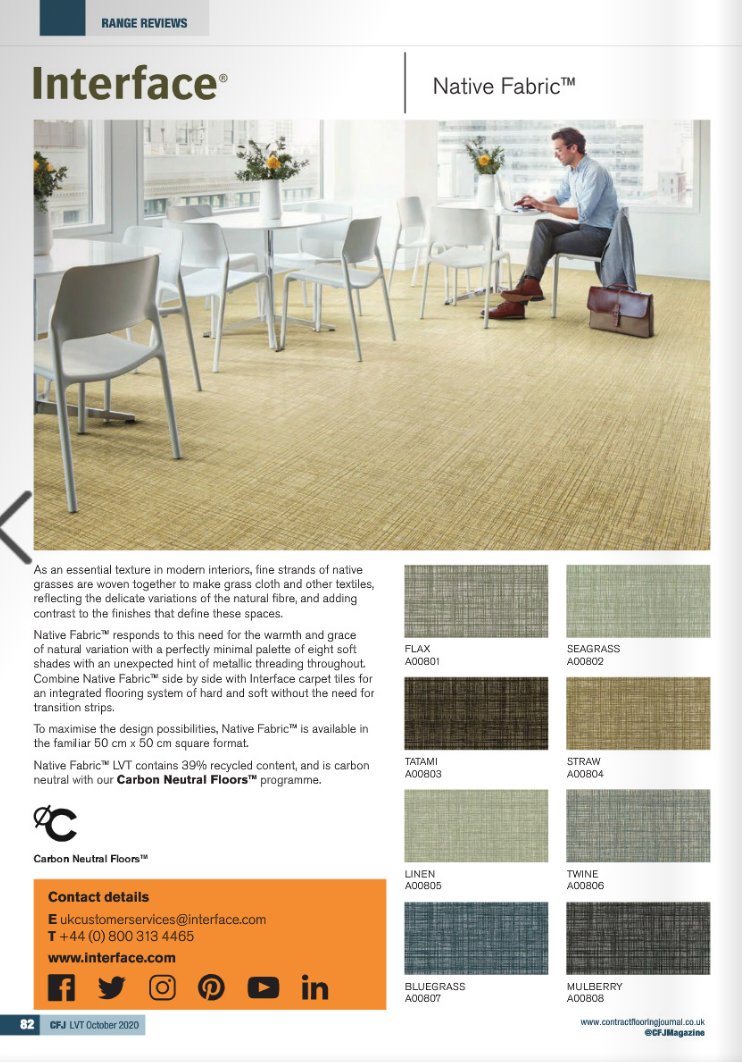 See <a href="/InterfaceInc/">Interface</a> with its Native Fabric collection in our most recent LVT Supplement 👇😊contractflooringjournal.co.uk/ftp/october202… #LVT #nativefabric #native #fabric #interface