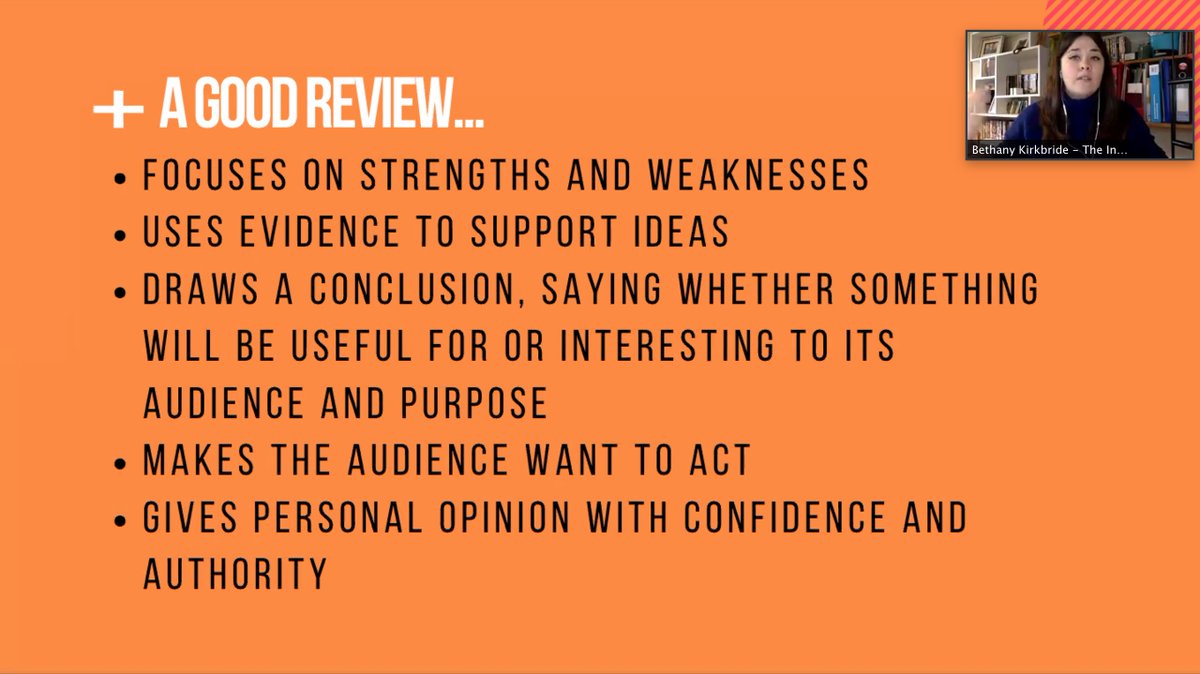 Here are  @BettyKirkers top tips for writing reviews! She says: "A good review contrasts the strengths with the weaknesses" and should inform the reader why they should or should not invest their time in something 