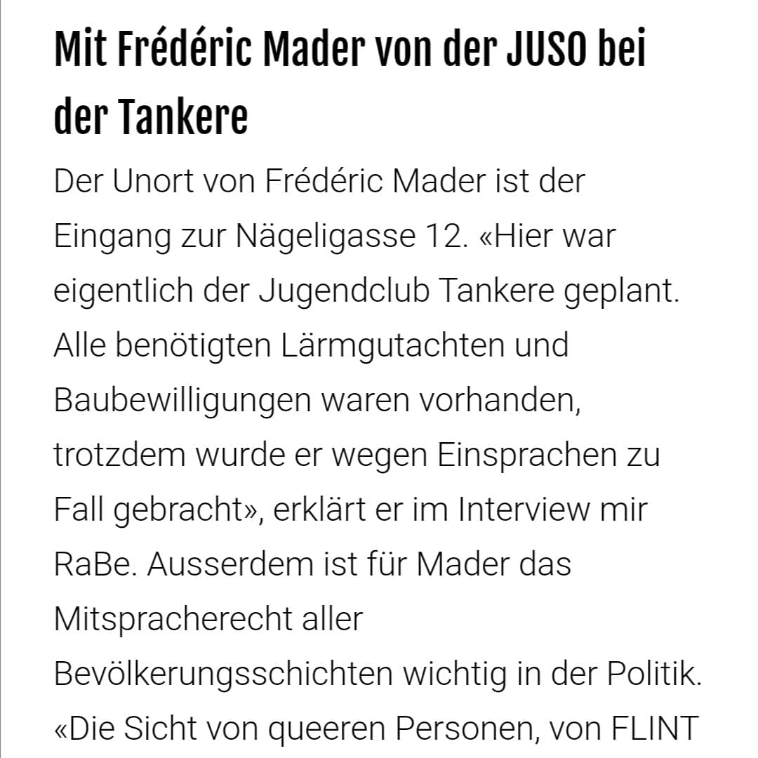 MaderFrederic's tweet photo. Unort der Stadt Bern? Der nicht-existierende Jugendklub Tankere!
Wieso erkläre ich im Interview mit @radiorabe. Zudem erzähle ich was ich in der Stadt sonst ändern will! @JUSOStadtBern

https://t.co/nR9Kuc4Eny https://t.co/Cjzf6Sl7Eb